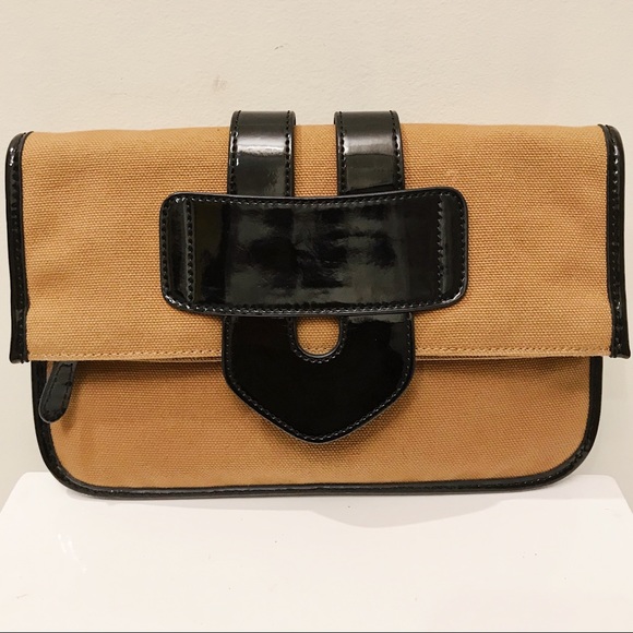Tila March Paris Zelig Brown Canvas Black Patent Leather Shoulder Clutch Bag - Picture 2 of 12
